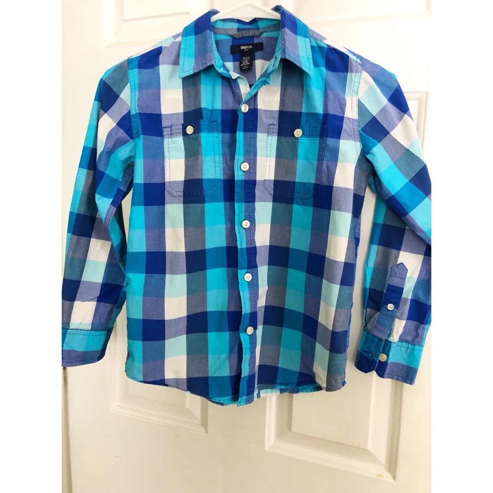 Boys M Gap Kids Blue Plaid Button Down Shirt